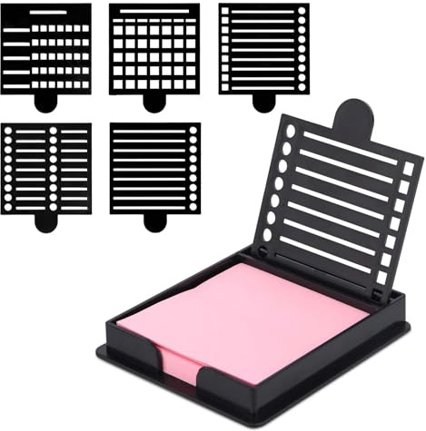 BOXOB Sticky Note Holder with Stencil, 3x3 Inch Sticky Note Dispenser with 5 Styles Line Drawing Template Memo Pad Organizer for Desk Office Home School Supplies (Black)