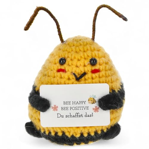MIJOMA Glücksbringer Positive Friends – handgefertigte Häkelfiguren mit motivierenden Botschaften, ideal als Mitbringsel Wegbegleiter Mutmacher (Biene - Du schaffst das)