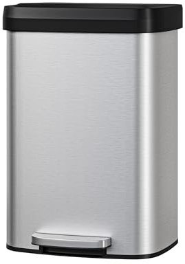 Garvee 13 gal / 50 L Stainless Steel Trash Can with Lid, Large Garbage Can for Kitchen, Rustproof Step-on Kitchen Metal Trash Bin with Liner Rim, Rear Handle, Soft Close Plastic Lid, Silver