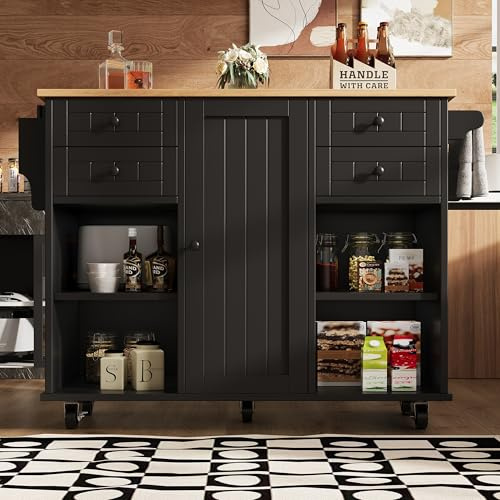 Kücheninsel Freistehend auf 5 Rollen und 4 Schubladen,küchenschrank mit Lagerschränken und Handtuchhalter Holzarbeitsplatte modernes Zwei feststellbare Vorderräder 127×46×91,5cm,Schwarz F