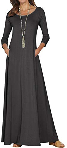 Kvruhuiy Womens 3/4 Long Sleeve Boat Neck Dress Solid Casual Fall Long Sleeve Maxi Dress Dark Grey L