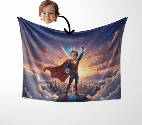 GIFTIMIZED Personalised Kids Superhero Blanket Upload Your Face Funny Custom Photo Blanket Comic Style Hero Design Soft Fleece Throw Small Medium Large Cuddle or Polar Fleece