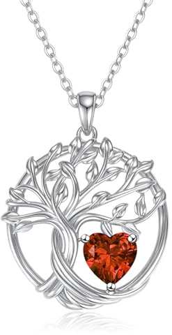 Collier Arbre de Vie pour Femme Argent 925, Pendentif Arbre de Vie Avec Pierre de Naissance Famille Bijoux en Grenat, Idées de Cadeaux pour Petite Amie Fille Sœur Cadeau de Noël I'anniversaire Janvier