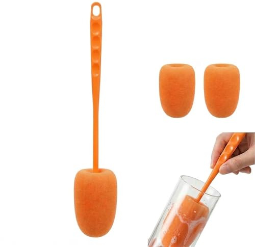 XiaZhiZhen Schwamm Flaschenbürste mit 2 Ersatzschwammköpfen, Orange, 27cm x 5,5cm, für Reinigung von Flaschen und Gläsern