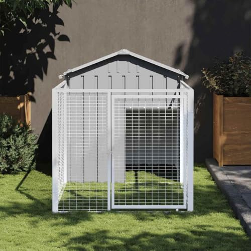 Mokuyary Hundehütte mit Hof, hellgrau, 117 x 201 x 123 cm, Zwinger für Hunde, einfach zu montieren, für Outdoor, Garten, Terrasse