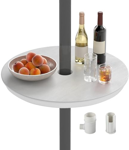 COSTWAY Vassoio per Ombrellone, Tavolino Portatile Leggero da 50 cm, Tavolino Rotondo con Foro per Ombrellone da 38mm/48mm, Effetto Legno Finto, per Cortile, Piscina, Spiaggia (Bianco)