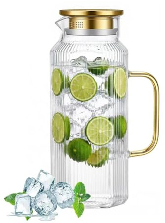 [68 OZ/ 2 Liter] - Achteckiger Glas Karaffe Krug mit Deckel und Auslauf, Klassischer Streifen-Wasserkrug mit Griff, Wasserkrug aus Borosilikatglas für heiße & kalte Getränke, Perfekt für Saft. (1)