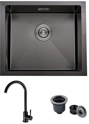 iAnomla 50x45cm Kitchen Sink, Stainless Steel Sink with Faucet, Black | Undermount, Topmount, Flushmount, Equipped with Overflow, Waste Kit & Drain Pipe, Campervan sink, Commercial sink