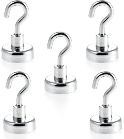Magnetastico | 5 Stück Neodym N35 Magnethaken Extra Stark 25 mm Ø| Haftkraft 22.0 KG| Magnet Haken, magnetische Wandhaken, Magnet Halter| Super starker Neodymium Hakenmagnet verzinkt Haken magnetisch