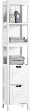 SoBuy Tall Bathroom Storage Cabinet 30cm Wide with 3 Shelves & 2 Drawers | Slim Bathroom Storage Unit, Freestanding Narrow MDF Cupboard for Toilet Sink Kitchen Corner, White, W30xD30xH144cm, FRG126-W