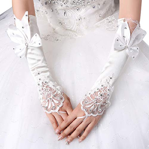 Haptian Femmes mariée Longs Gants sans Doigts Dentelle Florale Patchwork Mitaines Paillettes Strass Grand Bowknot Longueur du coude Crochet Doigt Plus Chaud fête de Mariage(Blanc)