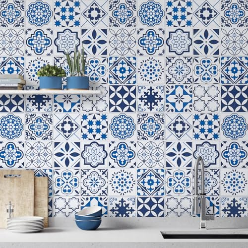 Timeet 197x 17.7Blue Pattern Wallpaper Glossy Surface Waterproof Contact Paper Decorative Self Adhesive for Kitchen Bathroom Counters Removable Peel and Stick Wallpaper Easy to Clean