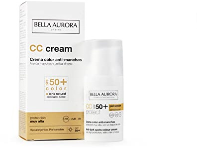 Bella Aurora CC Cream Antimanchas SPF 50+ con Color | Unifica el Tono y Protege | Sistema Color-Adapt | Previene el Envejecimiento Prematuro | Piel Sensible | 30 ml