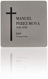 Placa Funeraria de Acero Inoxidable para Exterior e Interior Grabada en Relieve. Para colocar en Lápida, Nicho o Pared. Pintada y Barnizada. Cinta Doble Cara Ultra Fuerte. Diseño Cruz