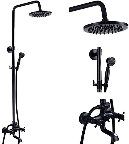 NeierThodore Oil Rubbed Bronze Shower Faucet Set Complete Shower System 8 Rain Shower 2 Cross Knobs Wall Mounted Mixer Bathroom Shower Tub Tap Bathroom Fixtures Wall Mount
