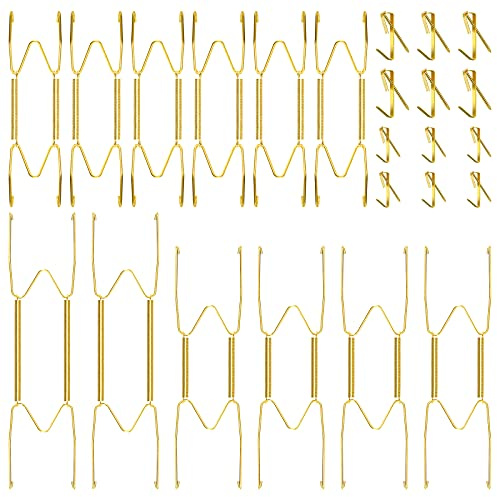 12 Pièces 6, 8, 10 Pouces Porte-Assiettes Invisibles Porte-Assiettes Murale Cintres Décoratifs en Acier Inoxydable avec 12 Crochets de Suspension avec Clous pour Assiettes Décoratives, Or