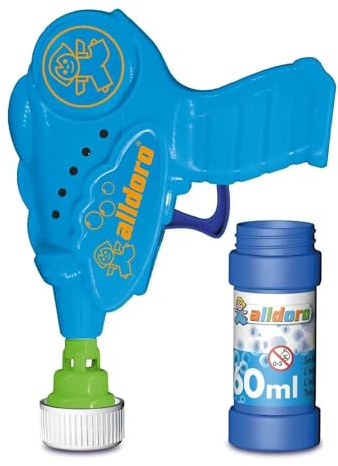 alldoro 60624 Bubble Fun Seifenblasenpistole mit 60ml Seifenblasenflüssigkeit, Bubble Shooter Seifenblasenmaschine, mechanische Seifenblasen Pistole ca. 13,9 x 11,2 x 4 cm, für Kinder ab 3 Jahren