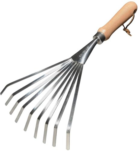 GREBSTK Hand Rakes Stainless Steel Beech Handle Soil Tille Garden Shrub Rake Small Leaf Rakes for Sweep Leaves & Loose Debris in Garden, Lawns, Yards, 14.5, 9 Tines Fan Lawn Leaf