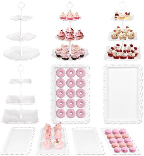Mwellewm 10Pcs Cupcake Stand,Dessert Table Display Set, 4 White 3 Tired Cake Stand 6 Plastic Serving Trays for Party Cookie Rack Desert Tower Holder for Wedding Decor Baby Shower Tea Party Decorations