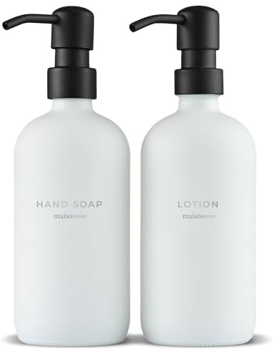 White Soap Dispenser Set of 2-500ml Glass Handwash Bottle with Black Pump | Modern Decor for Bathrooms, Kitchens, Airbnb & Hotels. Fortified Glass Bottles with Enhanced 2cc Pump. Waterproof Labels.