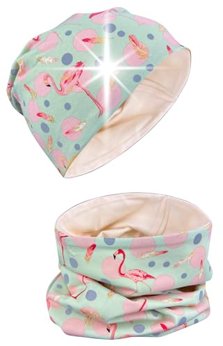 HECKBO Flamingo Kinder Mütze, Beanie & Loop-Schal – 360° Reflektor – Baumwolle – 2–8 Jahre – Loop Schal Kinder – Perfekt für Frühling, Herbst & Leichte Outdoor-Tage (48–54 cm)