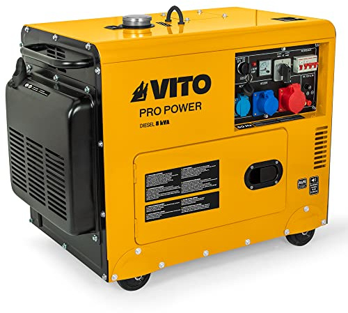 VITO - Groupe électrogène 8 KVA Diesel Monophasé/Triphasé 4T 12CV 498 cm³ 6500W Démarreur électrique Silencieux Autonomie 8h