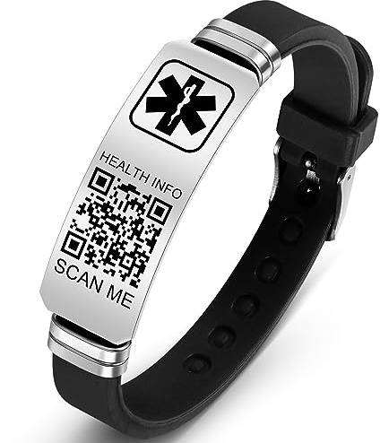Theluckytag Pulseras médicas para hombres y mujeres con código QR, pulseras de identificación de alerta médica para viajes deportivos, pulsera de silicona impermeable para muñecas de hasta 8 pulgadas