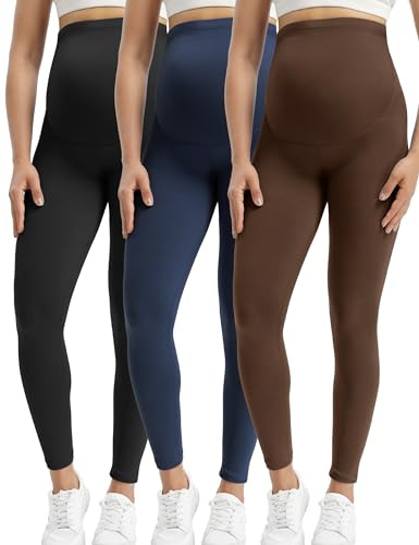 Buttergene Dam moderskap leggings över magen graviditet aktiv användning träning yoga tights byxor, 3-pack svart/kaffe/marinblå, S