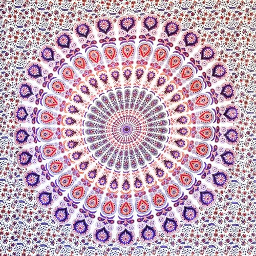 MOMOMUS Tapiz Mandala Multiuso - Arte Mural - Tapiz de Pared Grande, Tapiz Decorativo de Pared y Manta de Yoga para Meditación - Blanco-Lila, 135 x 210 cm