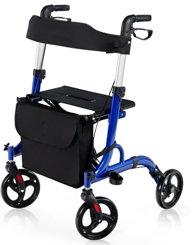 COSTWAY 2 en 1 Andador para Ancianos con Asiento, Andador Rodante Plegable con Ruedas de 20 cm, Aleación de Aluminio, Manijas Ajustables, Sistema de Doble Freno, Bolsa de Almacenamiento (Azul)