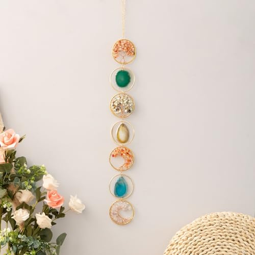 Moon Crystals Tree of Life Dream Catchers,Natural Gem Agate Wall Hangings for Windows Garden Home Décor (Colorful 7Rings)