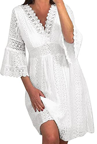 Robe d'été Femme Bohème Chic en Dentelle Robes Grande Taille Légères Lâche Robe Blanche Femme Ample Évasée de Plage Loisirs Mariage Robes Mi Longue A-Ligne Chic et Elegant Dress Longue Ete Boheme