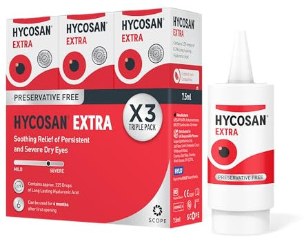 Hycosan Extra - Triple Pack - Eye Drops with Hyaluronic Acid for Soothing Relief of Severe and Persistent Dry Eyes - Contact Lens Compatible - Preservative Free - 3 x 225 Measured Doses