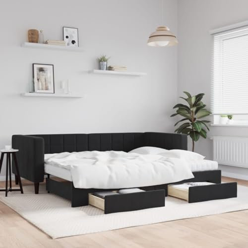 ZQQLVOO Bed Frame Lattenrost Palettenbett Bodenbett Tagesbett Ausziehbar mit Schubladen Schwarz 90x200 cm Samt