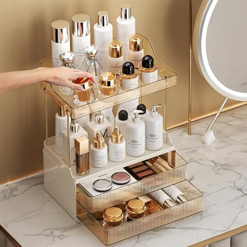 KJIXYUNG Organizzatore per trucco a 2 cassetti, per donne ad alto volume, multiuso, per tavolo da toeletta, grande organizzatore per la cura della pelle con design squisito, ambra