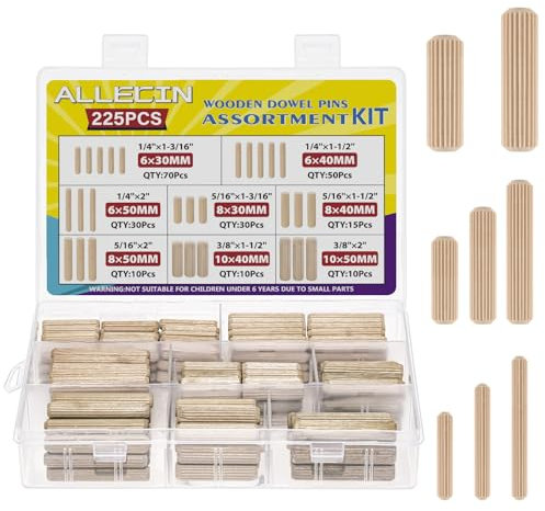 ALLECIN 8 Valori Kit di Tasselli Legno 6MM 8MM 10MM Spine in Legno Scanalate M6 M8 M10 Wooden Dowel Pins per Mobili Falegnameria Artigianato Fai Da Te (Confezione da 225 pezzi)