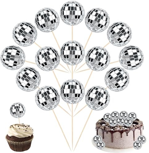 Xsstarmi 24 Pack Disco Ball Cupcake Toppers Disco Party Decorations Mini Disco Ball Cupcake Picks Disco Ball Cake Toppers for Disco Theme Party 70s Disco Party Cake Decorations Silver