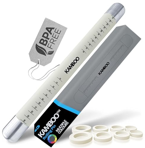 KAMBOO Adjustable Rolling Pin with 4 Thickness Rings – Non-Stick Stainless Steel Dough Roller for Perfect Baking – Easy to Clean, Dishwasher Safe – Ideal for Pastry, Cookies, Pizza (White)