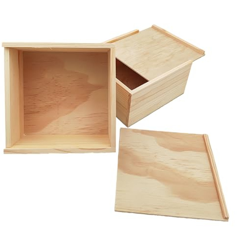 Anktily 2er-Pack Unlackierte Holz-Aufbewahrungsbox mit Schiebedeckel, leeres Naturholz-Box-Etui für Schmuck, DIY-Kunst- und Bastelarbeiten (15x15x8cm)