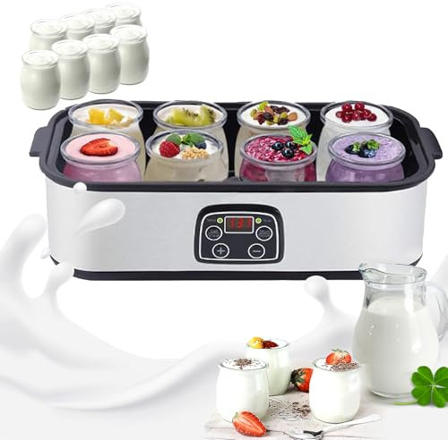 Electric Yogurt Maker, Fully Automatic Yoghurt Machine with 8* Glass Jars, Glass Containers，LED Display, Constant Tempe Control, Easy Cleaning，Cheese Rice Wine Maker DIY Yogurt Ice Cream Made