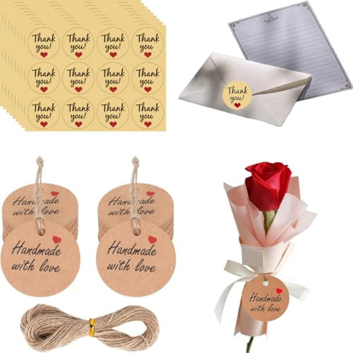 Yuiturt 100 Stück Handgefertigte Etiketten und 108 Stück Danke Aufkleber, Thank You Sticker Groß, Geschenkanhänger Handmade with Love Anhänger Kraftpapier Rund Tags für Hochzeit Weihnachten DIY