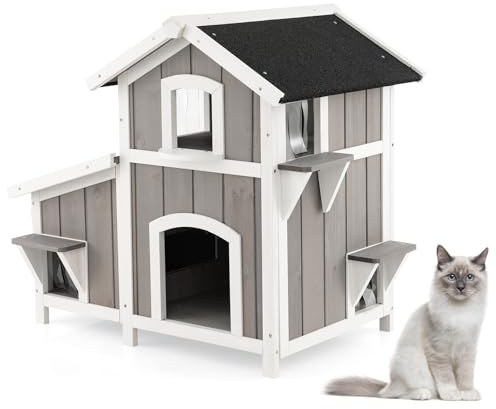 GYMAX 2 Ebenen Katzenhaus, wetterfeste Katzenhöhle mit Asphalt-Dach, Fenster & 2 Plattformen, Haustierhaus zum Spielen & Ausruhen, katzenbett für Katzen, 100 x 64 x 82,5 cm, Grau