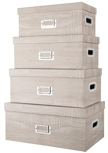 Hollyone 4er Set Aufbewahrungsboxen mit Deckel Karton Dekorative Boxen mit Grifföffnungen Rechteckige Stapelbaren Aufbewahrungsbox-Set für Bücher, Kleidung, Organisation zu Hause