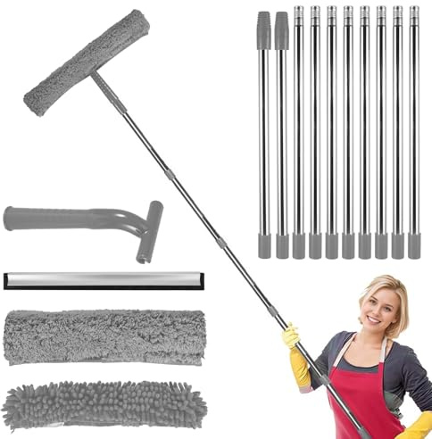 Window Cleaning Kit, 14ft Long Handle Window Cleaner Tool with 10 Extension Pole 2 in 1 Extendable Window Squeegee Cleaning Equipment, Window Cleaning Washer Tools for Home Car Glass