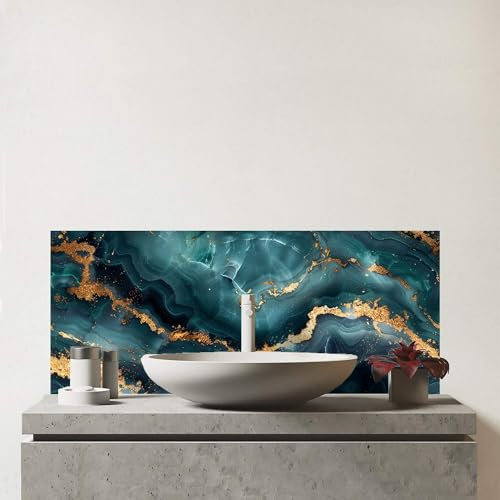 Warren Reed - Designer Premium Blue, Gold Marble Effect Glass Bathroom Splashback 6mm Toughened Glass – Water-Resistant Wall Protector for Basins & Sinks, Polished Edges