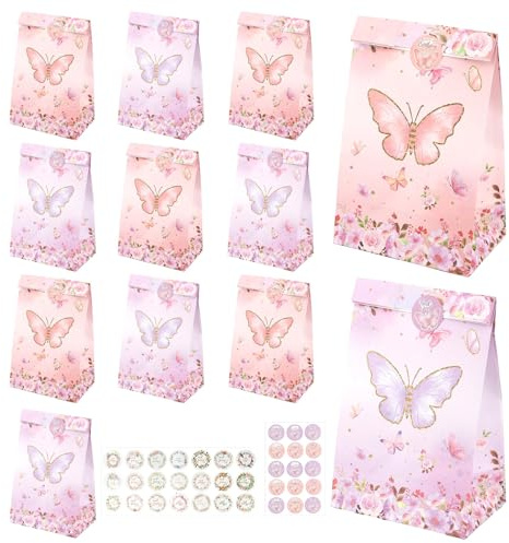 12 Stück Schmetterling Papiertüten, Geschenktüten Kindergeburtstag, Geburtstagstüten Bunt, Geschenktüten Papier mit 21 Aufkleber, Mitgebsel Tüten für Geburtstag Party Hochzeit