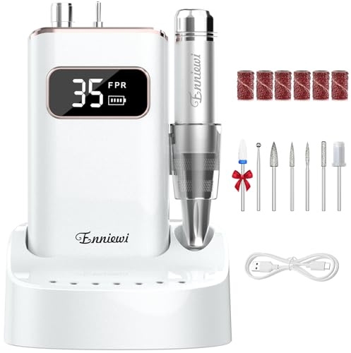 Enniewi Nail Drill with Wireless Auto Charging Station, Charging Anytime, 35000RPM Professional Electric Nail File for Acrylic Gel Nails, Cordless 7 Bits Manicure Kit for Salon Home, White Golden