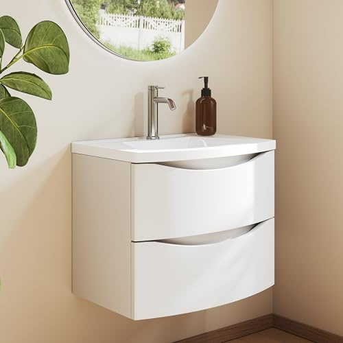 BRIDGE BENO Mueble de Baño 60 cm con Lavabo de Fundición Mineral, 2 Cajones Soft-Close, Compacto, Blanco Mate