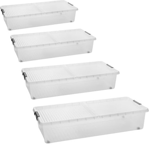 SUSTANIA Unterbett-Aufbewahrungsboxen 4er Set mit Rollen & geteiltem Deckel – Transparente Unterbettkommode 78x38x16cm, 32L Stauraum unter Bett, Made in EU mit Clip-Verschlüssen