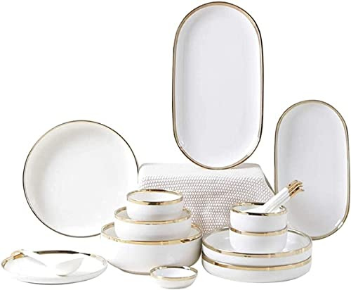 GUHPZA Service De Table Familial De Luxe, 18 Pièces, Assiettes Et Bols Blancs, Porcelaine Fine, Doré, pour 2, 4 Ou 6 Personnes.,9pcs